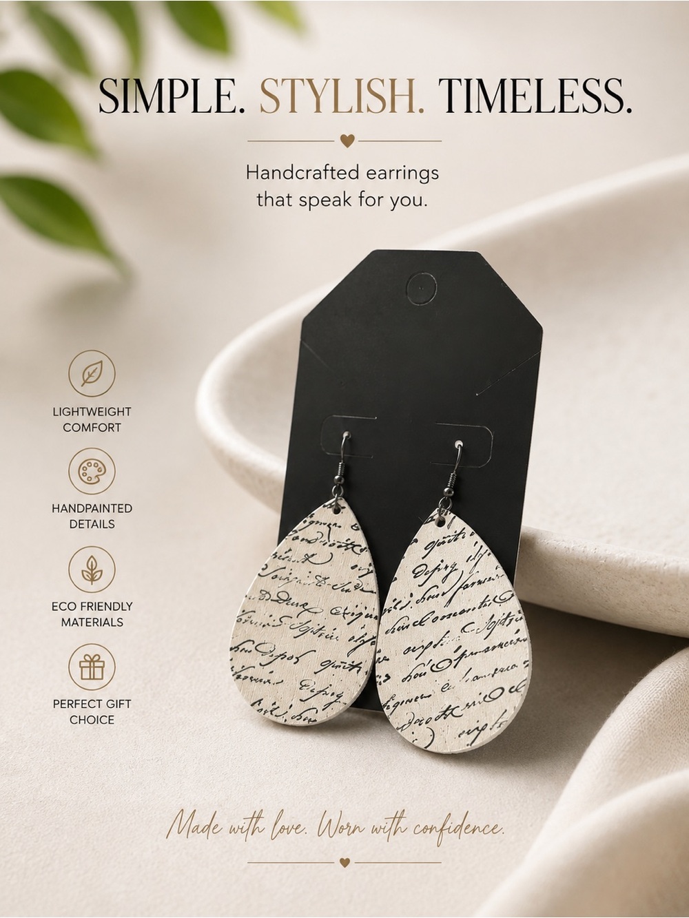 Handcrafted Script Teardrop Earrings — White